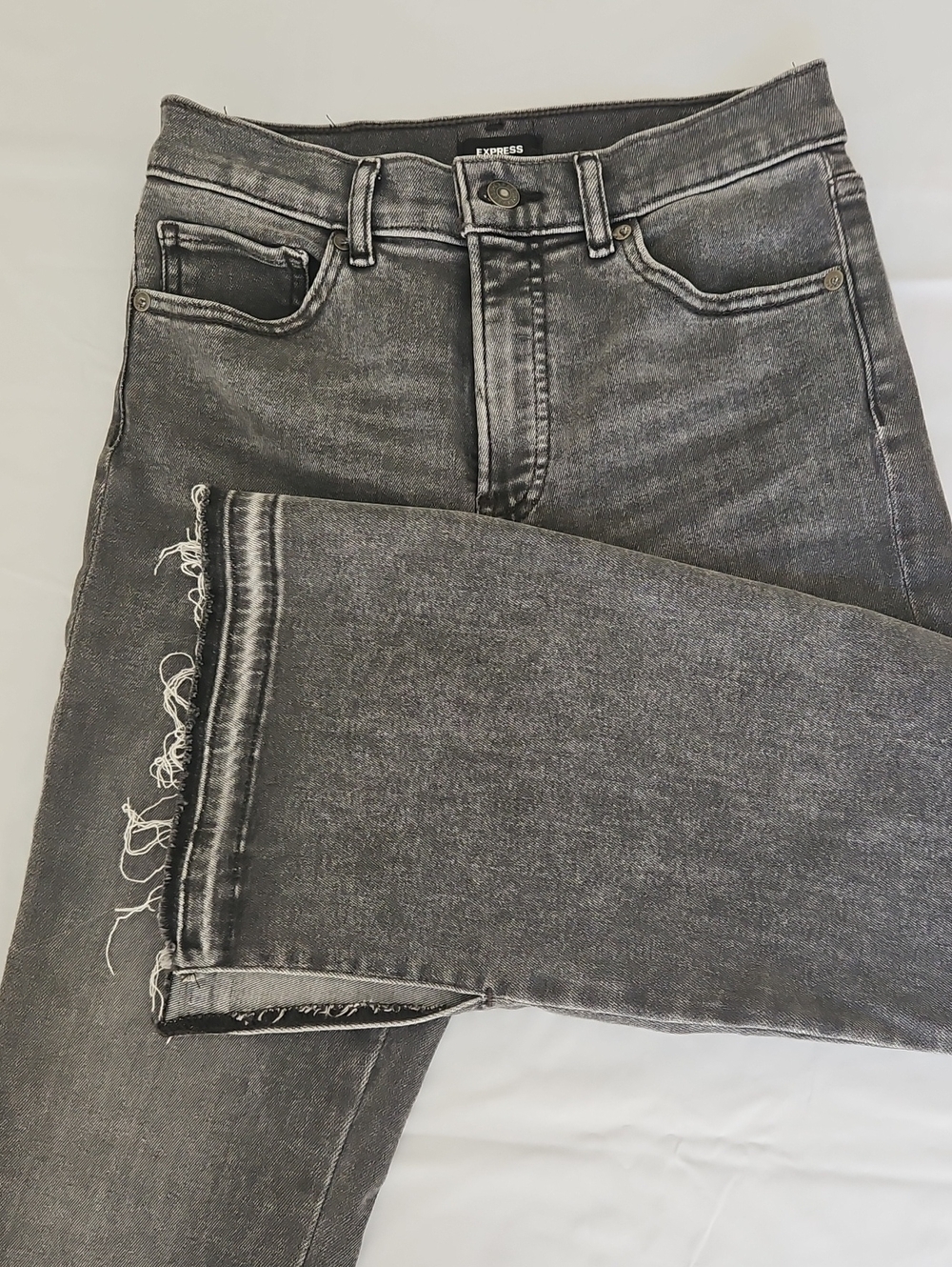 Express Gray Flare High Rise Jeans with Raw Split Hem